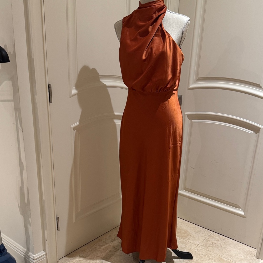 Elegant LINA Asymmetrical twisted neck Sleeveless Rust Dress